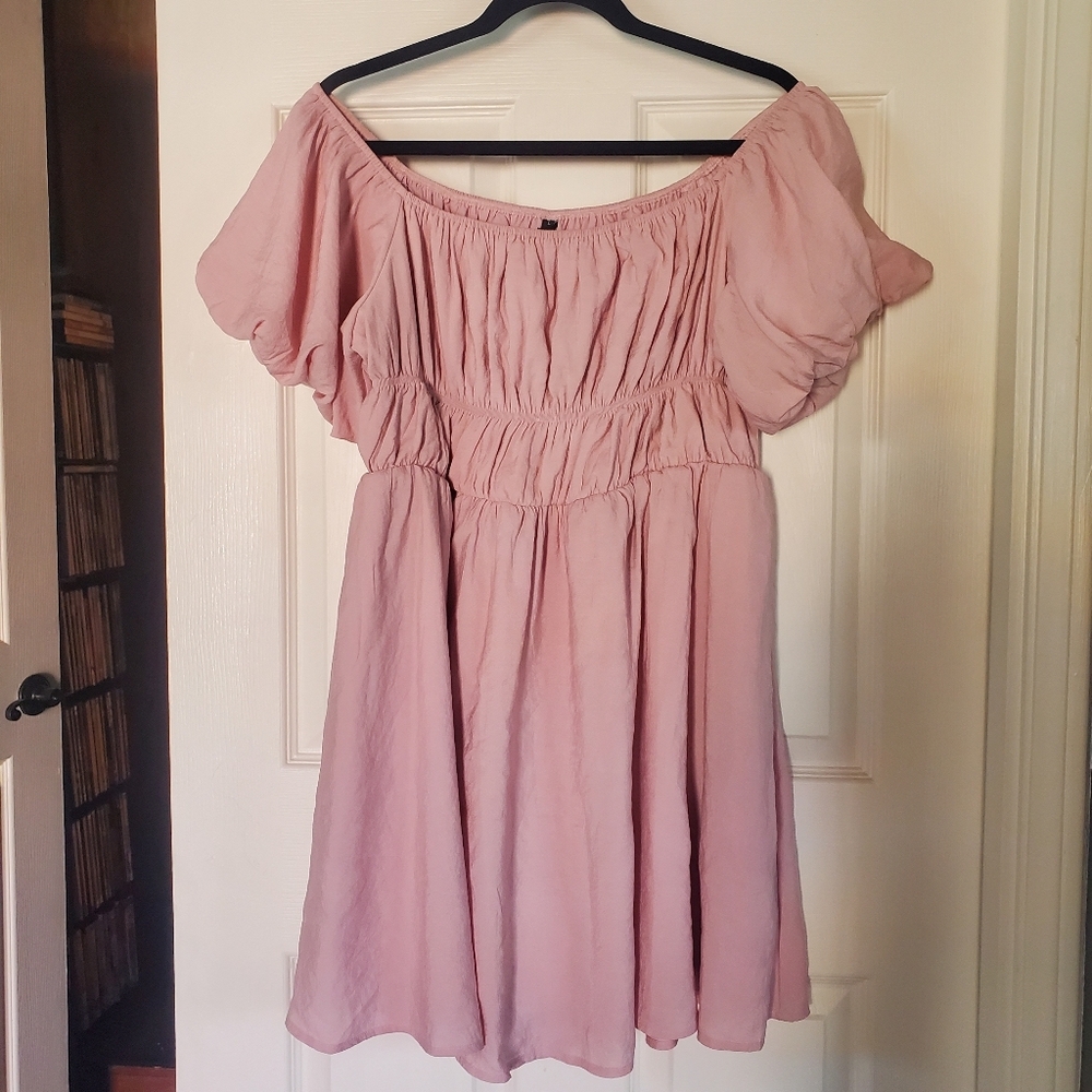 Pink Off-the-Shoulder Midi Dress Babydoll Puff Sleeves Formal Romantic Pullover